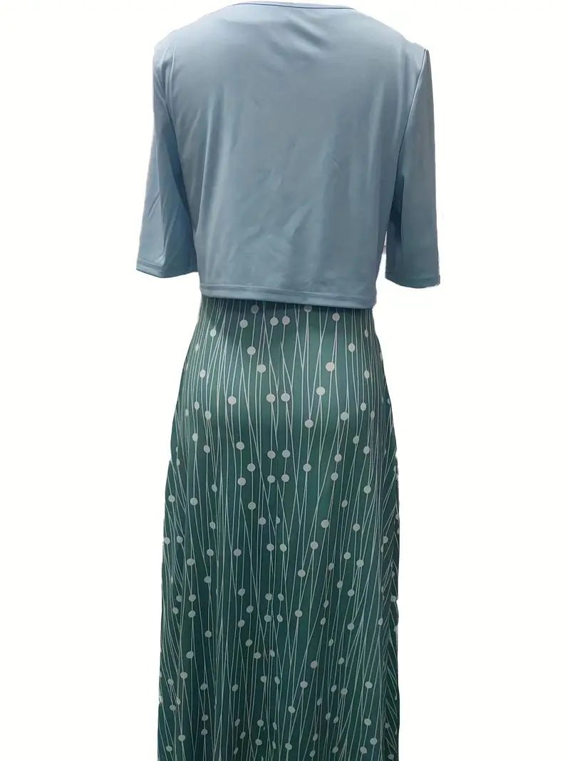 Maxi Zomerjurk Dames van Katoen met Bloemenprint en Ronde Hals: Elegante Set met Crop Top - ZovaFashion - Maxi Jurk