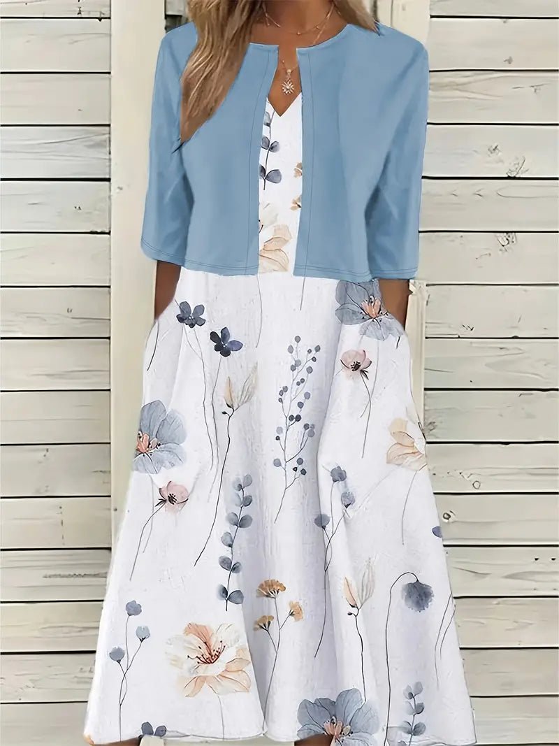 Maxi Zomerjurk Dames van Katoen met Bloemenprint en Ronde Hals: Elegante Set met Crop Top - ZovaFashion - Maxi Jurk