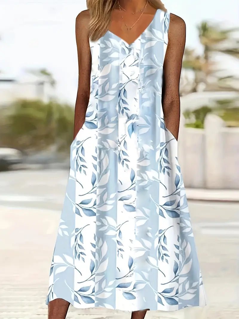 Maxi Zomerjurk Dames van Katoen met Bloemenprint en Ronde Hals: Elegante Set met Crop Top - ZovaFashion - Maxi Jurk