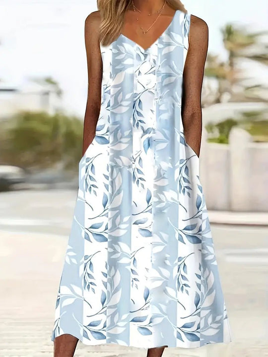 Maxi Zomerjurk Dames van Katoen met Bloemenprint en Ronde Hals: Elegante Set met Crop Top - ZovaFashion - Maxi Jurk