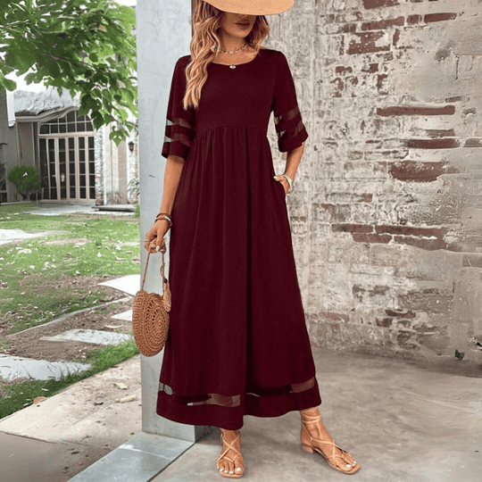 Maxi Zomerjurk Dames van Katoen met Ronde Hals en Twee Pockets - ZovaFashion - Maxi Jurk