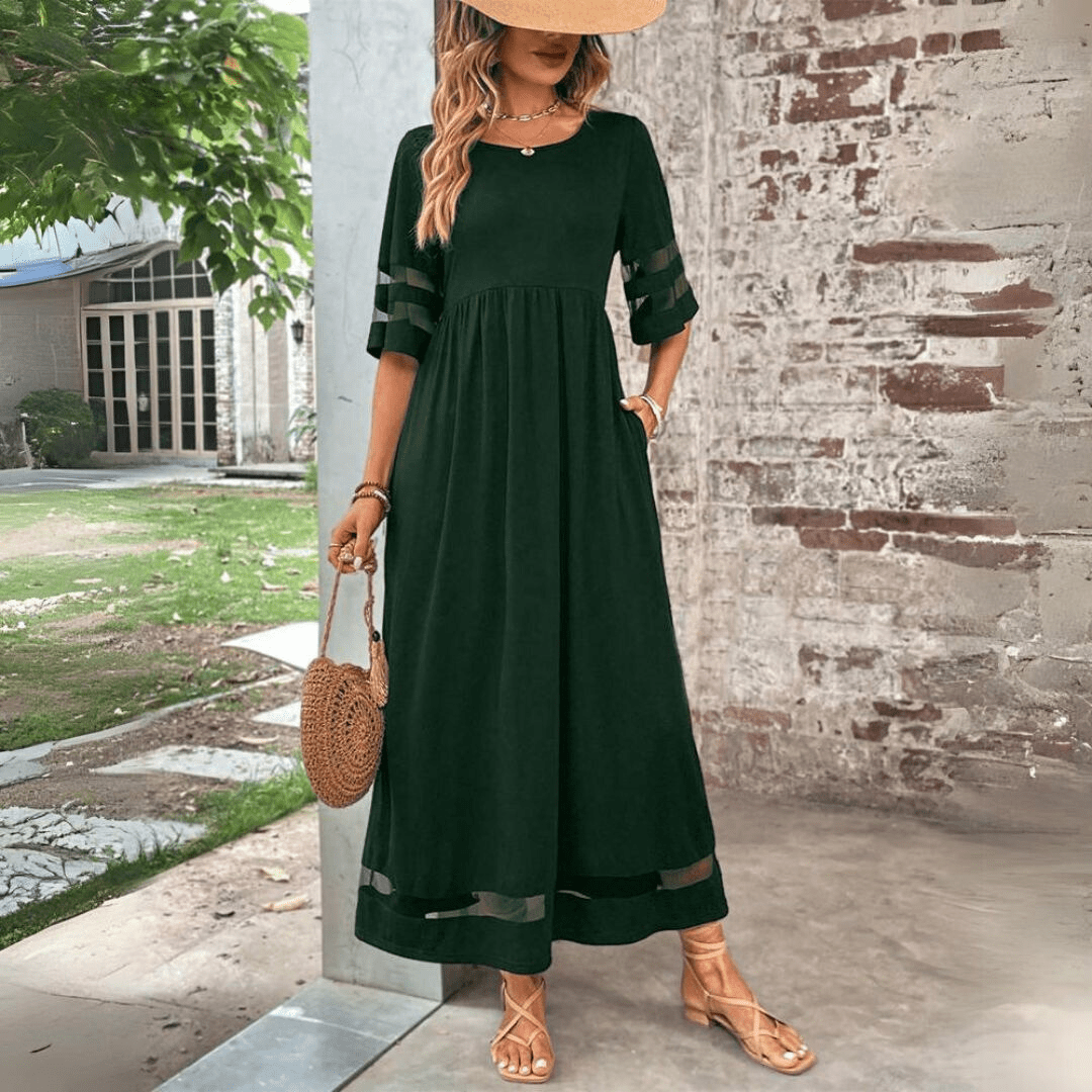 Maxi Zomerjurk Dames van Katoen met Ronde Hals en Twee Pockets - ZovaFashion - Maxi Jurk