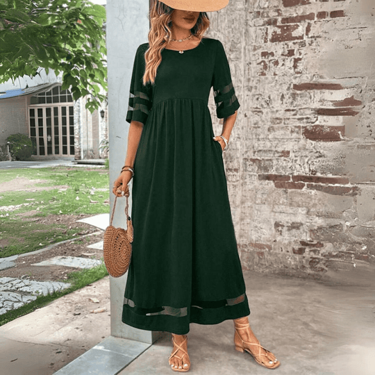 Maxi Zomerjurk Dames van Katoen met Ronde Hals en Twee Pockets - ZovaFashion - Maxi Jurk