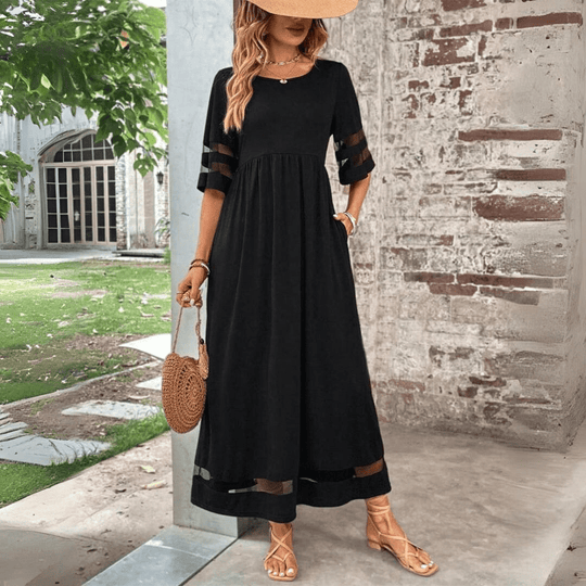 Maxi Zomerjurk Dames van Katoen met Ronde Hals en Twee Pockets - ZovaFashion - Maxi Jurk