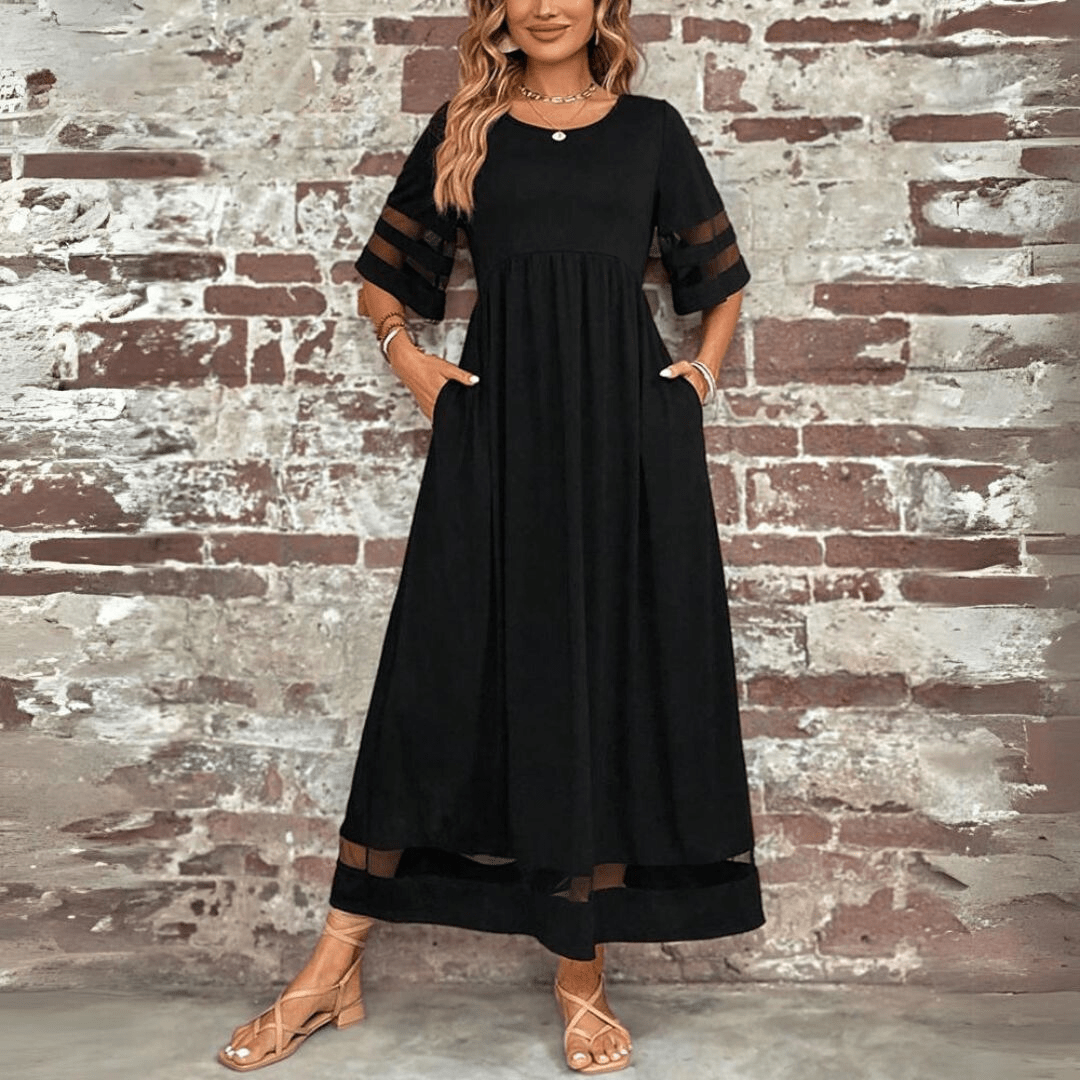 Maxi Zomerjurk Dames van Katoen met Ronde Hals en Twee Pockets - ZovaFashion - Maxi Jurk