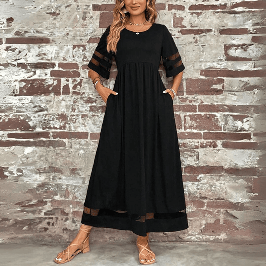Maxi Zomerjurk Dames van Katoen met Ronde Hals en Twee Pockets - ZovaFashion - Maxi Jurk