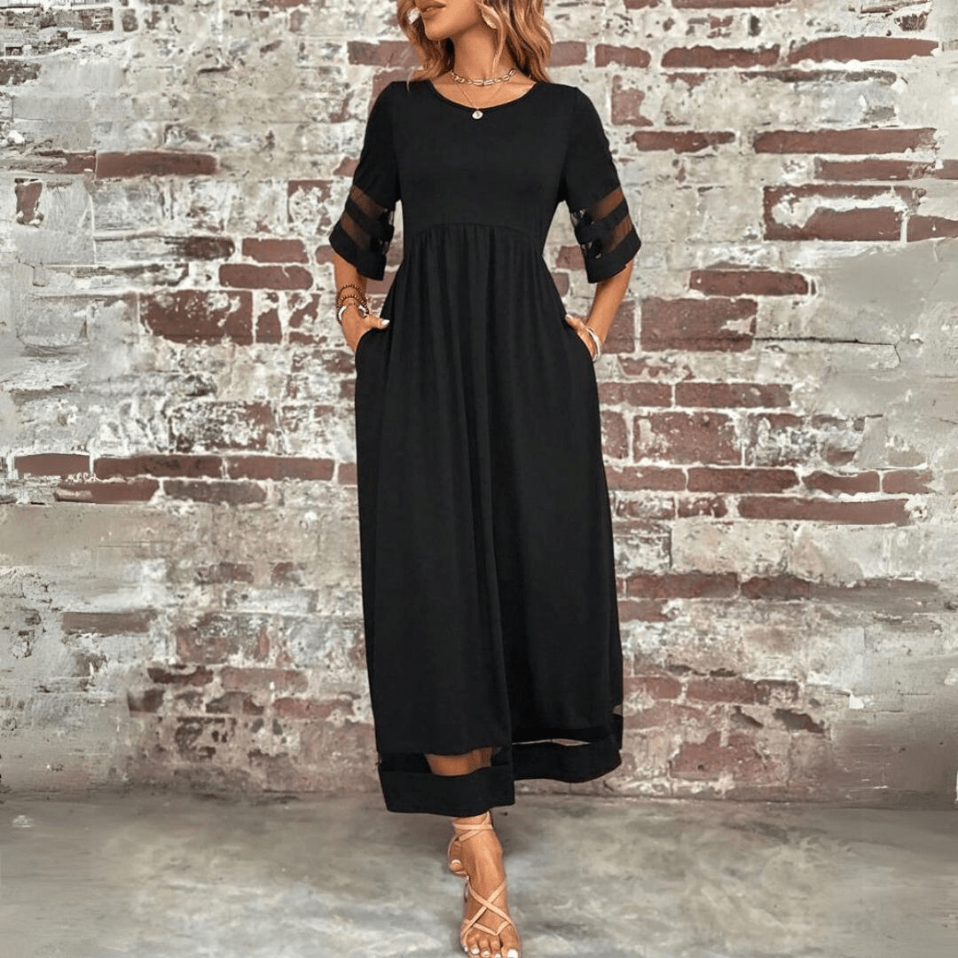 Maxi Zomerjurk Dames van Katoen met Ronde Hals en Twee Pockets - ZovaFashion - Maxi Jurk