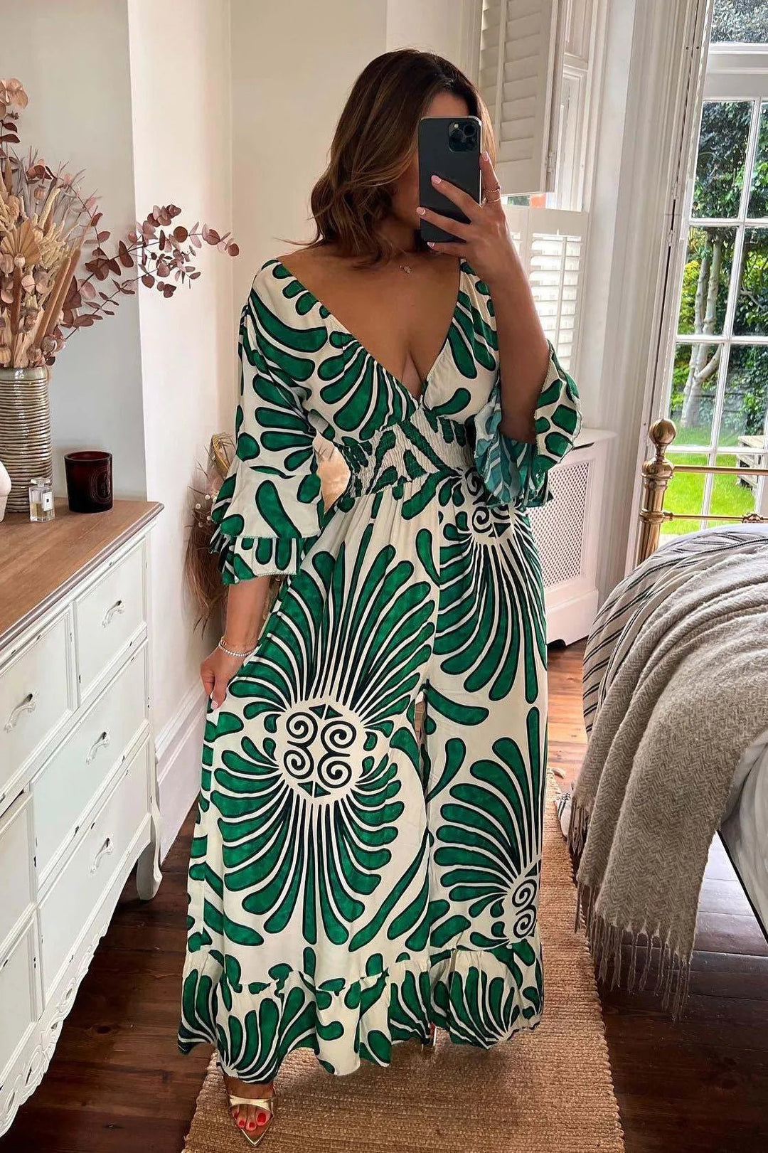 Maxi Zomerjurk Dames van Katoen met V - Hals en Elastische Tailleband - ZovaFashion - Maxi Jurk