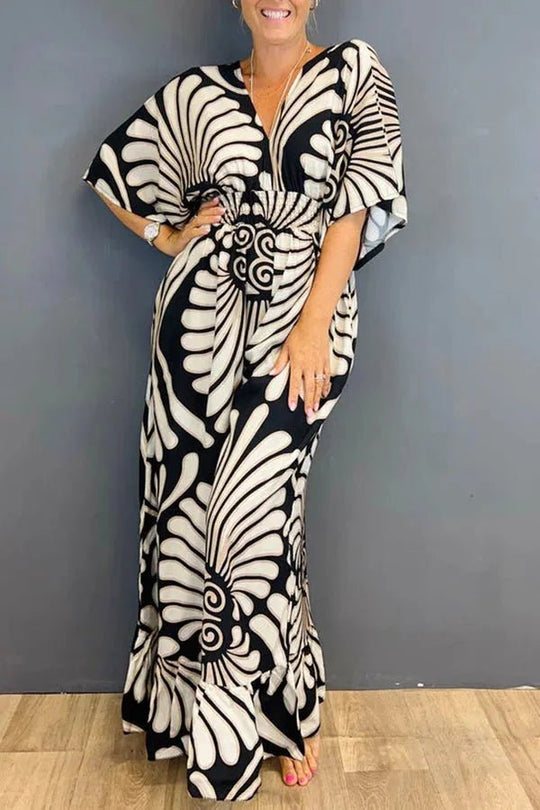 Maxi Zomerjurk Dames van Katoen met V - Hals en Elastische Tailleband - ZovaFashion - Maxi Jurk