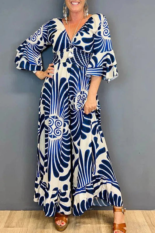 Maxi Zomerjurk Dames van Katoen met V - Hals en Elastische Tailleband - ZovaFashion - Maxi Jurk