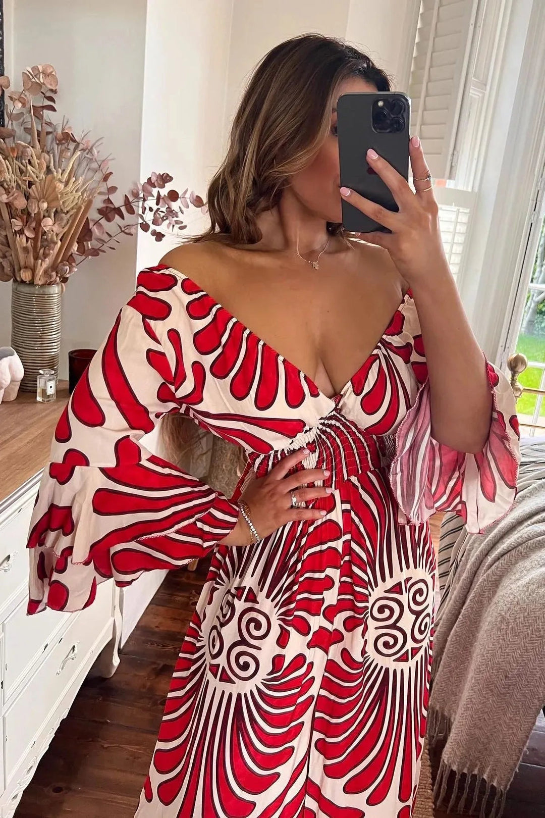 Maxi Zomerjurk Dames van Katoen met V - Hals en Elastische Tailleband - ZovaFashion - Maxi Jurk