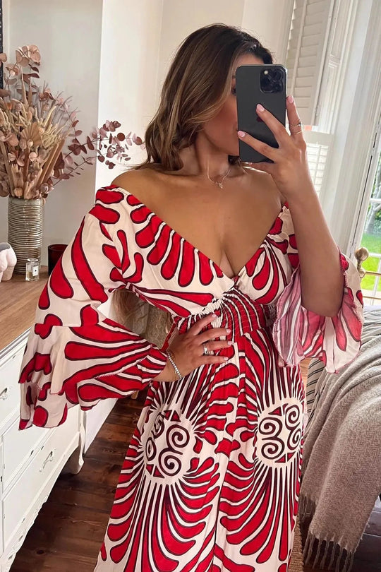 Maxi Zomerjurk Dames van Katoen met V - Hals en Elastische Tailleband - ZovaFashion - Maxi Jurk