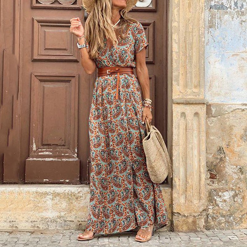 Maxi Zomerjurk Dames van Katoenmix met V - Hals en Bloemenprint - ZovaFashion - Maxi Jurk