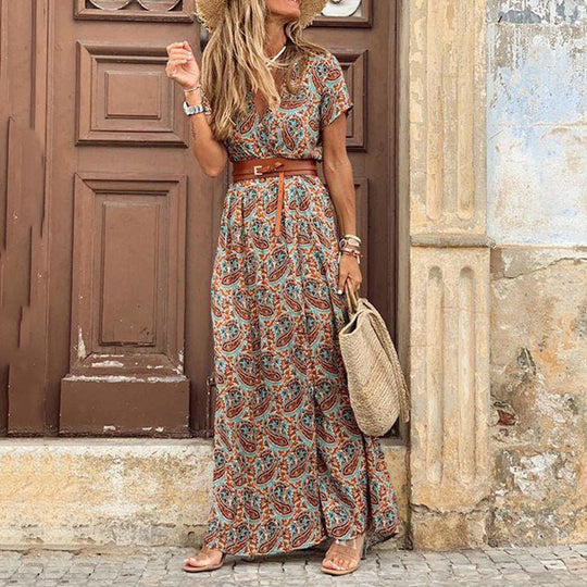 Maxi Zomerjurk Dames van Katoenmix met V - Hals en Bloemenprint - ZovaFashion - Maxi Jurk