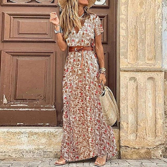 Maxi Zomerjurk Dames van Katoenmix met V - Hals en Bloemenprint - ZovaFashion - Maxi Jurk