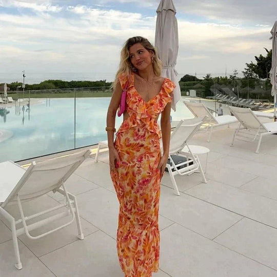 Maxi Zomerjurk Dames van Katoenmix met V - Hals en Ruffle Details - ZovaFashion - Maxi Jurk