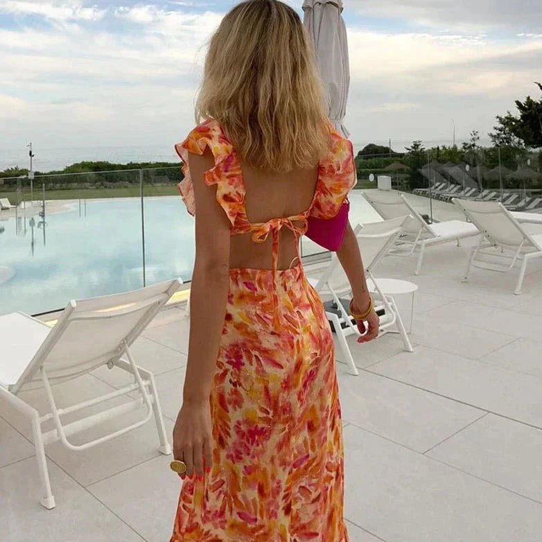 Maxi Zomerjurk Dames van Katoenmix met V - Hals en Ruffle Details - ZovaFashion - Maxi Jurk