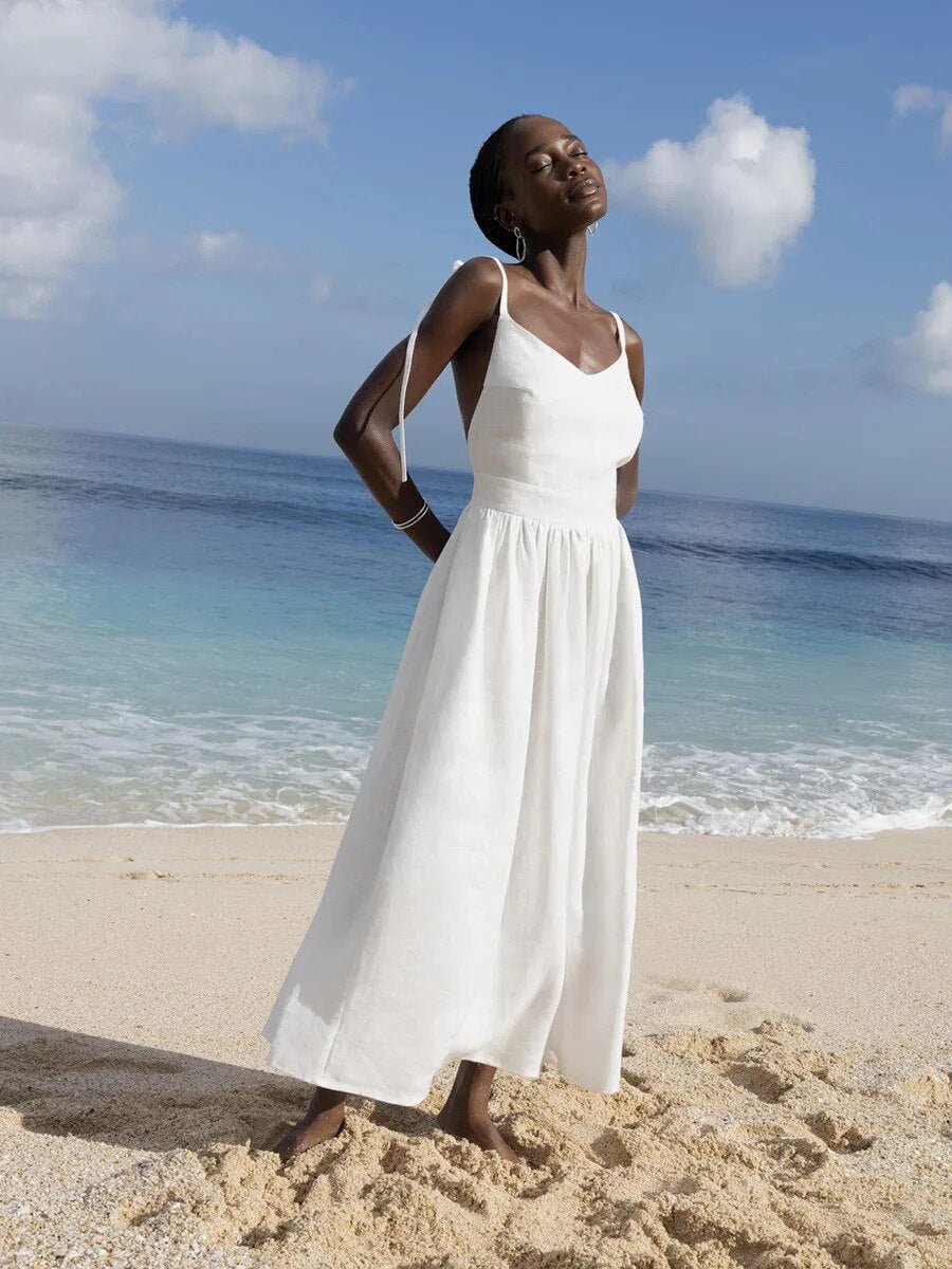 Maxi Zomerjurk Dames van Linnen Katoen met V - Hals en Spaghetti Bandjes - Relaxed Fit - ZovaFashion - Maxi Jurk