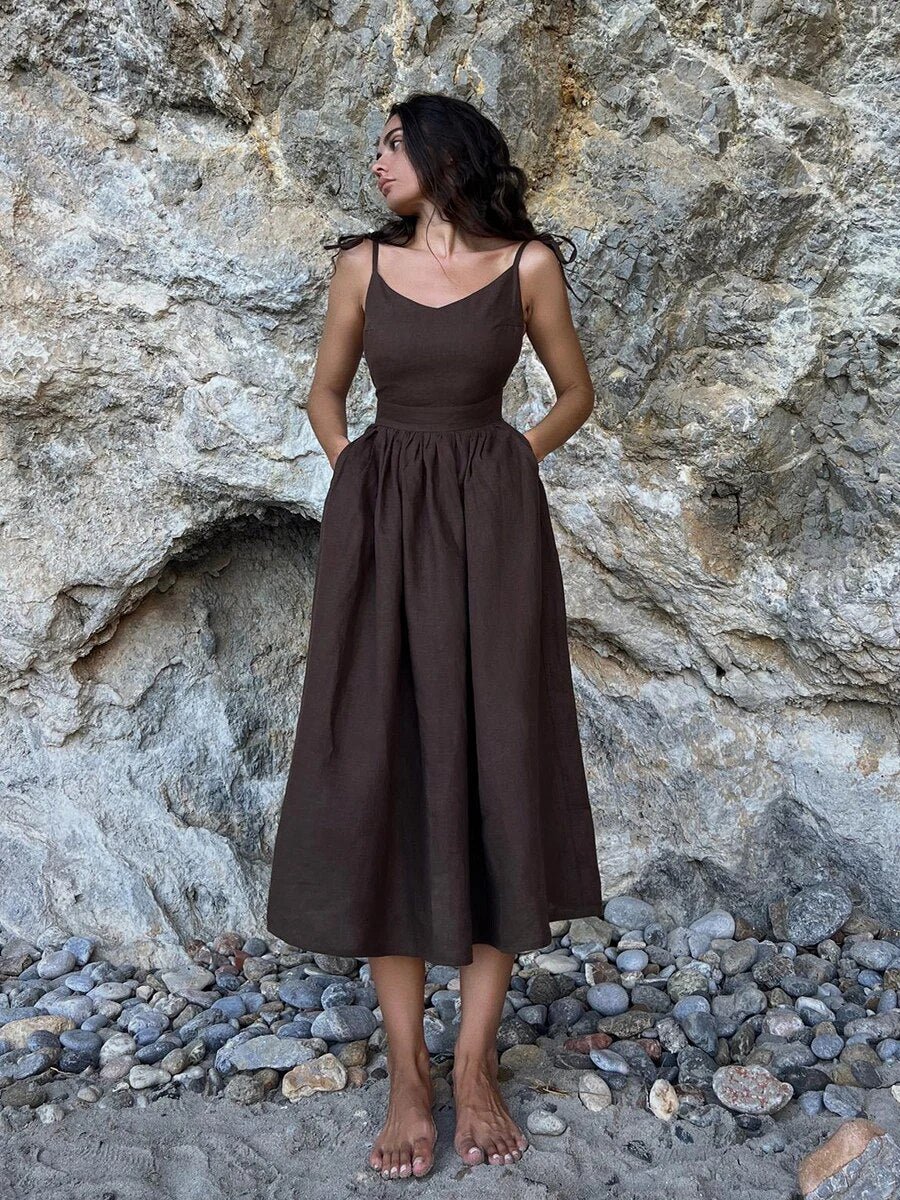 Maxi Zomerjurk Dames van Linnen Katoen met V - Hals en Spaghetti Bandjes - Relaxed Fit - ZovaFashion - Maxi Jurk