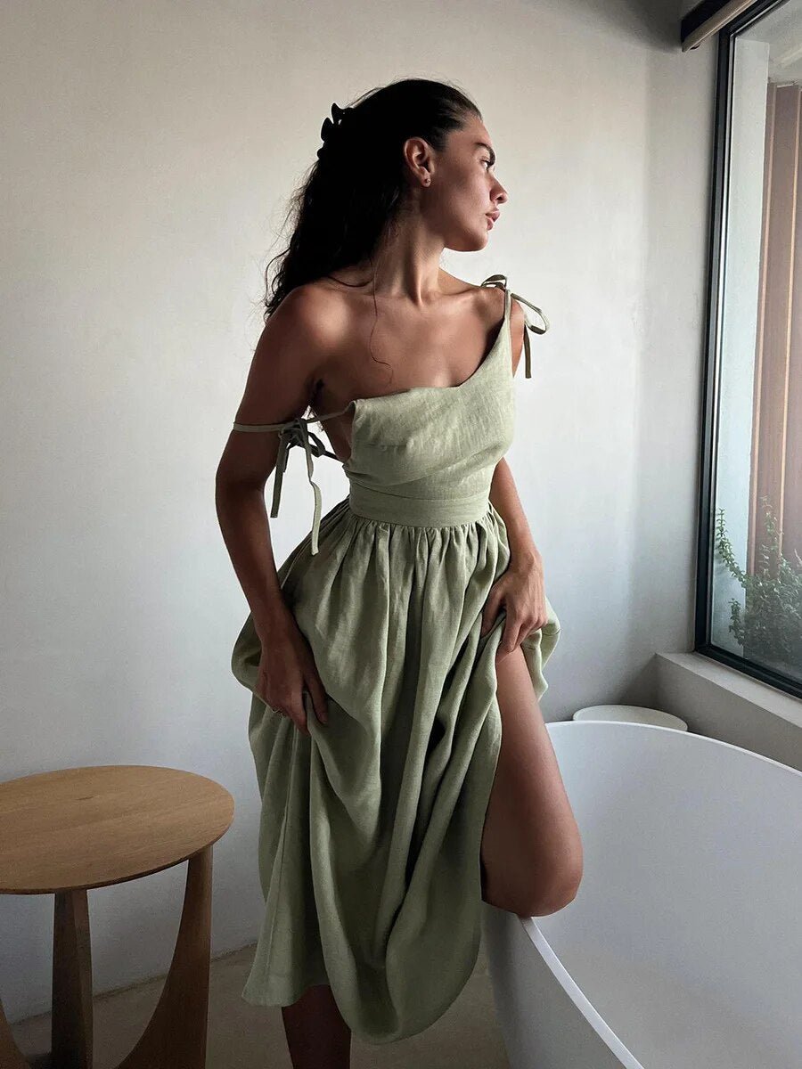 Maxi Zomerjurk Dames van Linnen Katoen met V - Hals en Spaghetti Bandjes - Relaxed Fit - ZovaFashion - Maxi Jurk