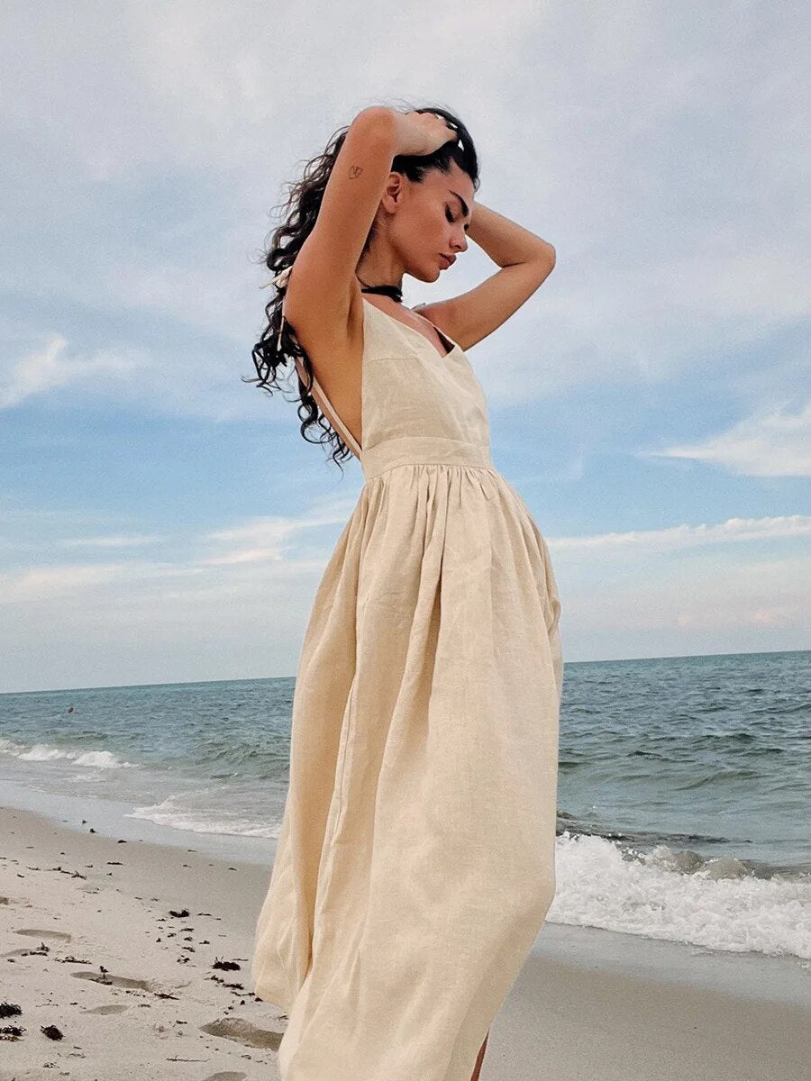 Maxi Zomerjurk Dames van Linnen Katoen met V - Hals en Spaghetti Bandjes - Relaxed Fit - ZovaFashion - Maxi Jurk