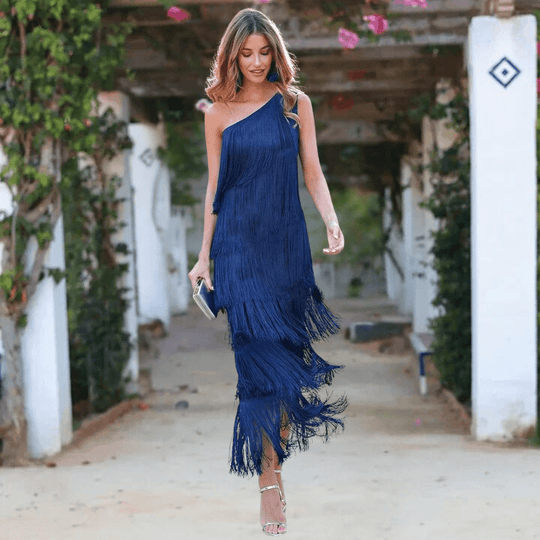 Maxi Zomerjurk Dames van Rayon met Asymmetrische One - Shoulder en Fringe Detail - ZovaFashion - Maxi Jurk