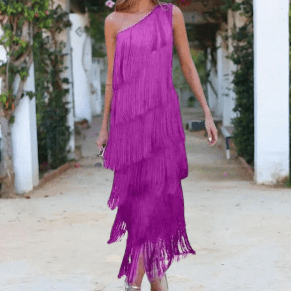 Maxi Zomerjurk Dames van Rayon met Asymmetrische One - Shoulder en Fringe Detail - ZovaFashion - Maxi Jurk