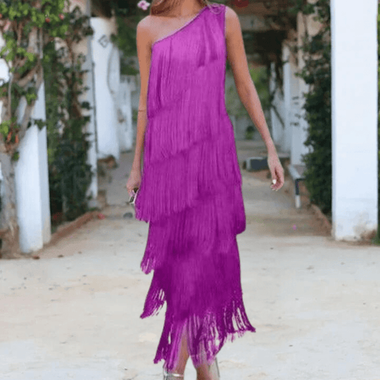 Maxi Zomerjurk Dames van Rayon met Asymmetrische One - Shoulder en Fringe Detail - ZovaFashion - Maxi Jurk