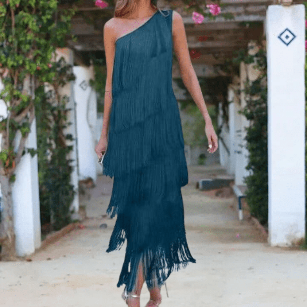 Maxi Zomerjurk Dames van Rayon met Asymmetrische One - Shoulder en Fringe Detail - ZovaFashion - Maxi Jurk