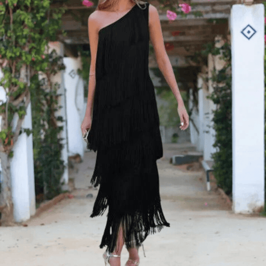 Maxi Zomerjurk Dames van Rayon met Asymmetrische One - Shoulder en Fringe Detail - ZovaFashion - Maxi Jurk