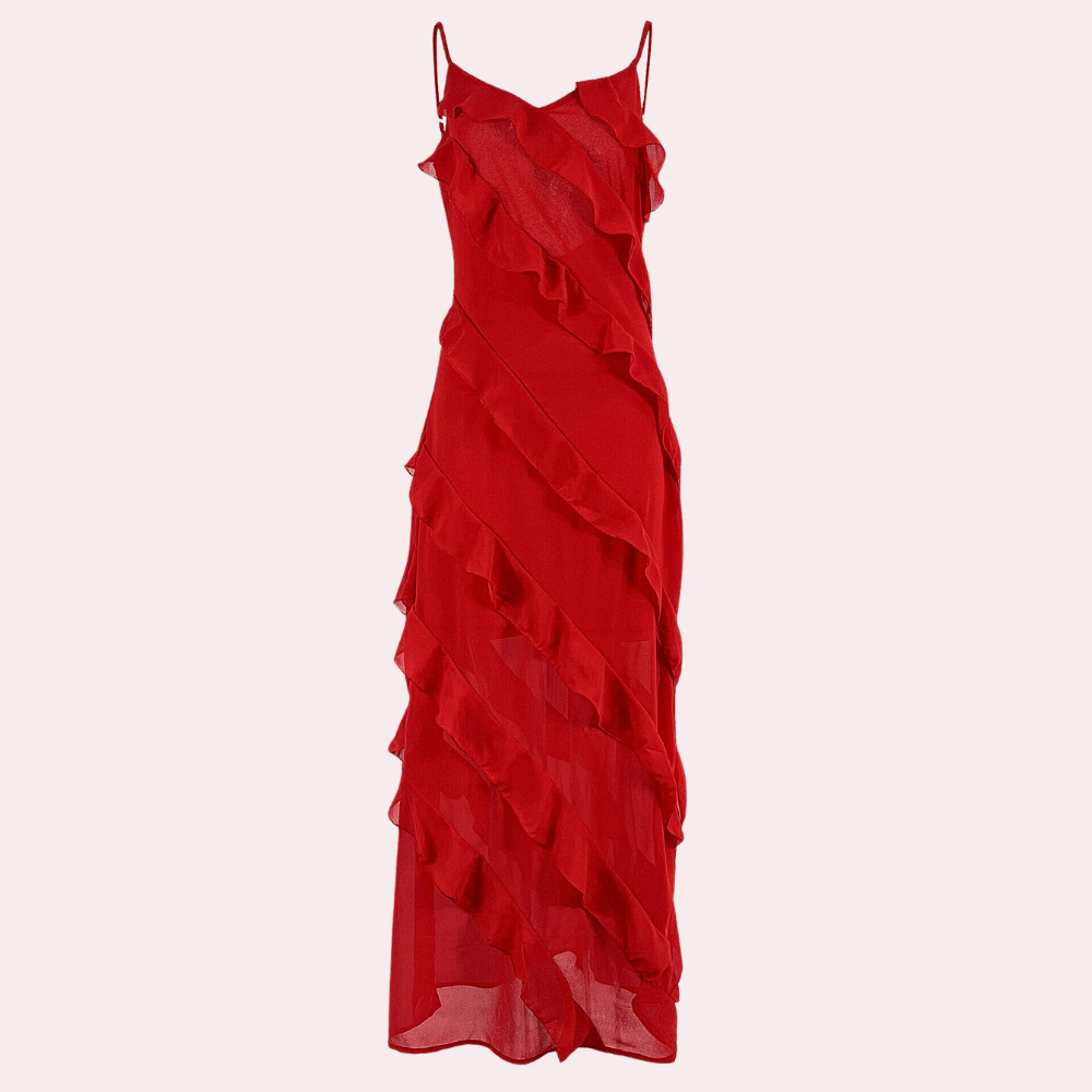 Maxi Zomerjurk in Zachte Stof met V - Hals en Volledige Lengte Ruchesontwerp - ZovaFashion - Maxi Jurk