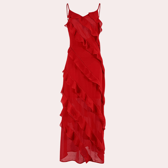 Maxi Zomerjurk in Zachte Stof met V - Hals en Volledige Lengte Ruchesontwerp - ZovaFashion - Maxi Jurk