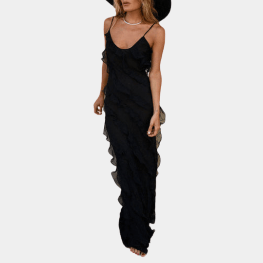 Maxi Zomerjurk in Zachte Stof met V - Hals en Volledige Lengte Ruchesontwerp - ZovaFashion - Maxi Jurk