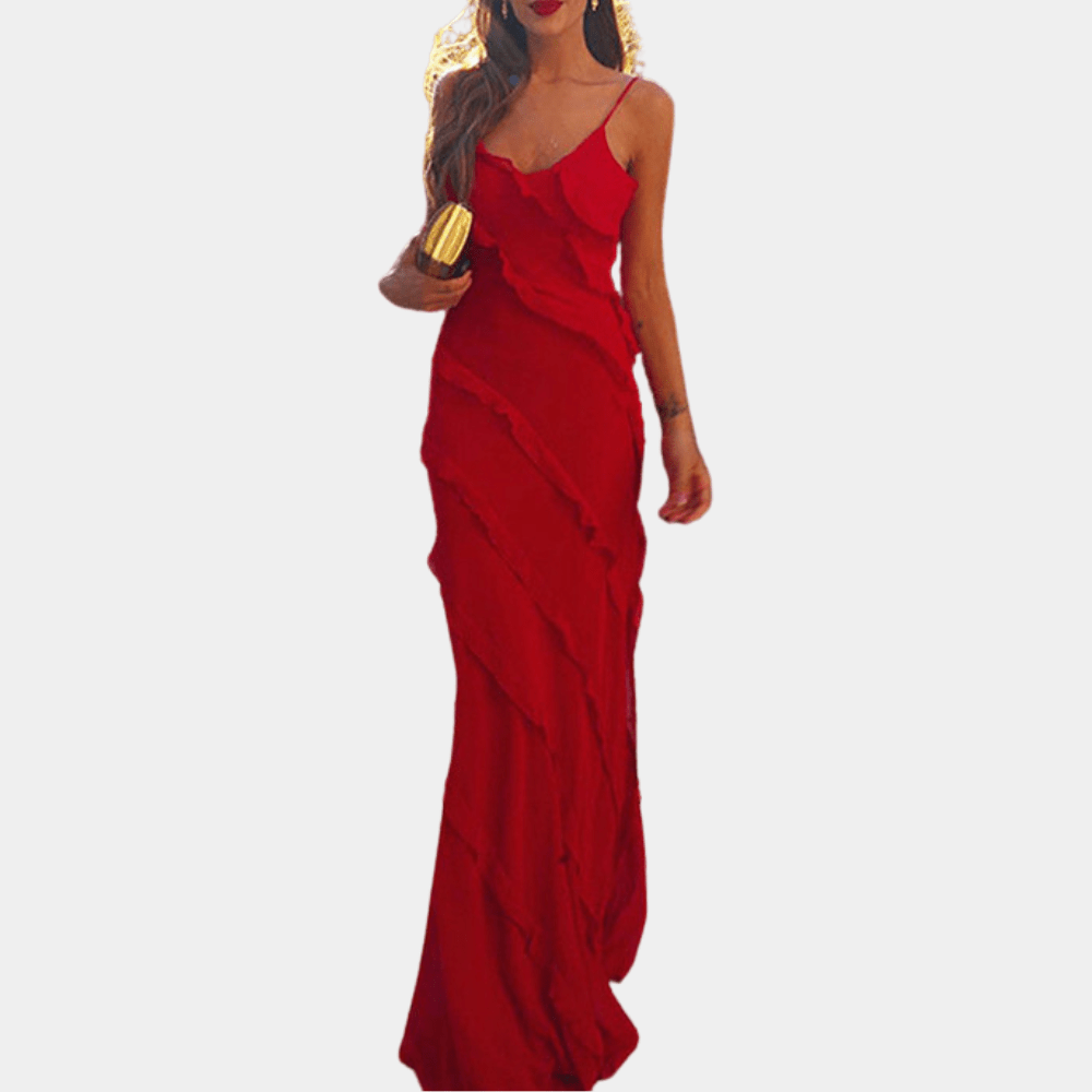 Maxi Zomerjurk in Zachte Stof met V - Hals en Volledige Lengte Ruchesontwerp - ZovaFashion - Maxi Jurk