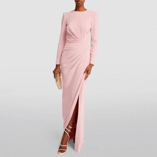 Maxi Zomerjurk van Fijn Jersey met Lange Mouwen en Hoge Halslijn - ZovaFashion - Maxi Jurk