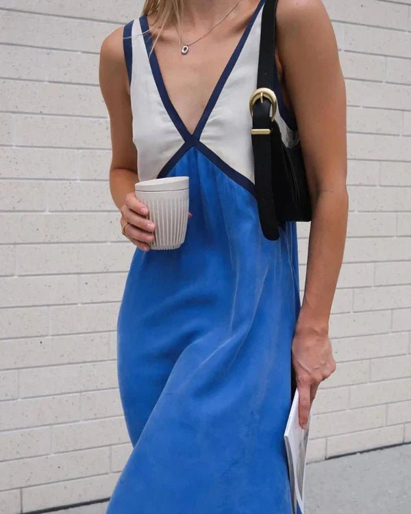 Maxi Zomerjurk van Katoen met V - Hals en Kleurblokken Design - Zova - Fashion - Maxi Jurk