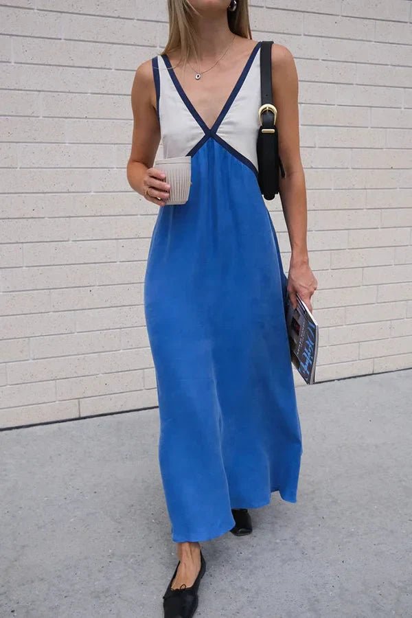 Maxi Zomerjurk van Katoen met V - Hals en Kleurblokken Design - Zova - Fashion - Maxi Jurk