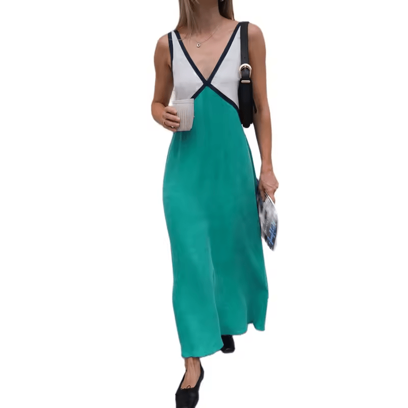 Maxi Zomerjurk van Katoen met V - Hals en Kleurblokken Design - Zova - Fashion - Maxi Jurk