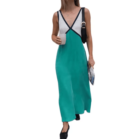 Maxi Zomerjurk van Katoen met V - Hals en Kleurblokken Design - Zova - Fashion - Maxi Jurk