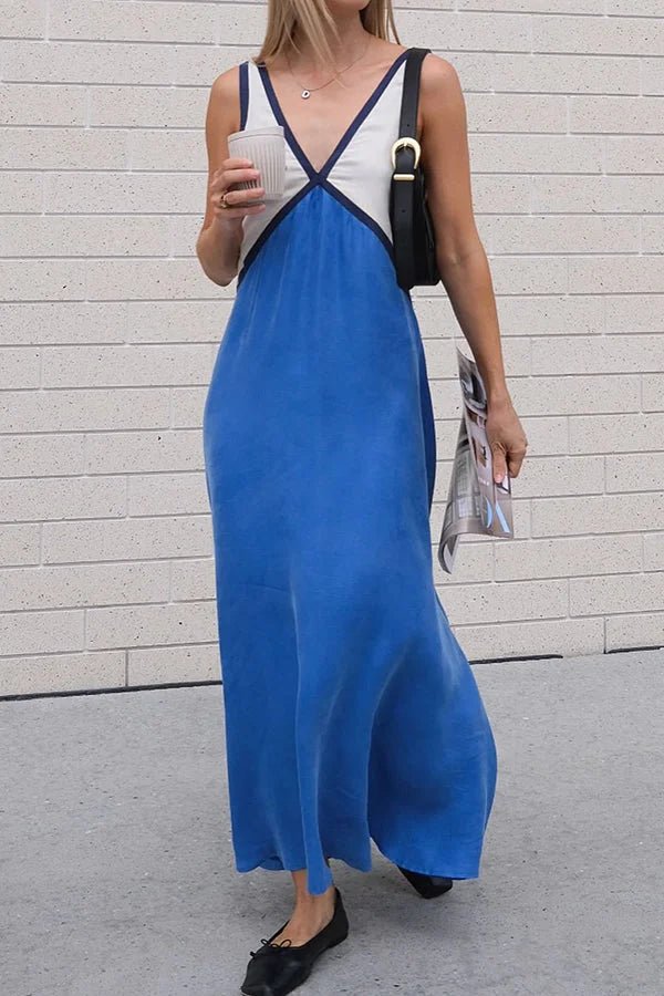 Maxi Zomerjurk van Katoen met V - Hals en Kleurblokken Design - Zova - Fashion - Maxi Jurk