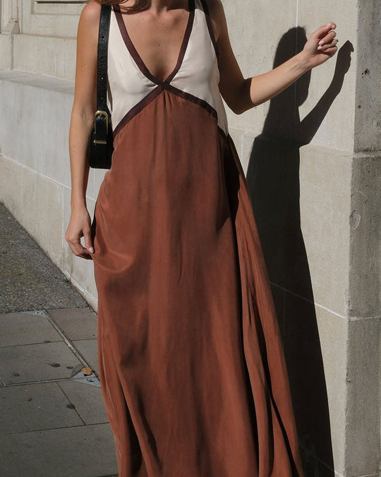 Maxi Zomerjurk van Katoen met V - Hals en Kleurblokken Design - Zova - Fashion - Maxi Jurk