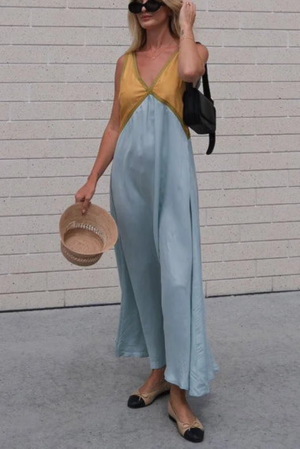 Maxi Zomerjurk van Katoen met V - Hals en Kleurblokken Design - Zova - Fashion - Maxi Jurk