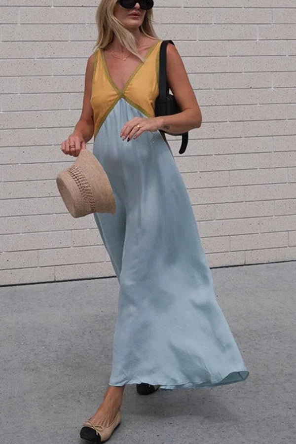 Maxi Zomerjurk van Katoen met V - Hals en Kleurblokken Design - Zova - Fashion - Maxi Jurk