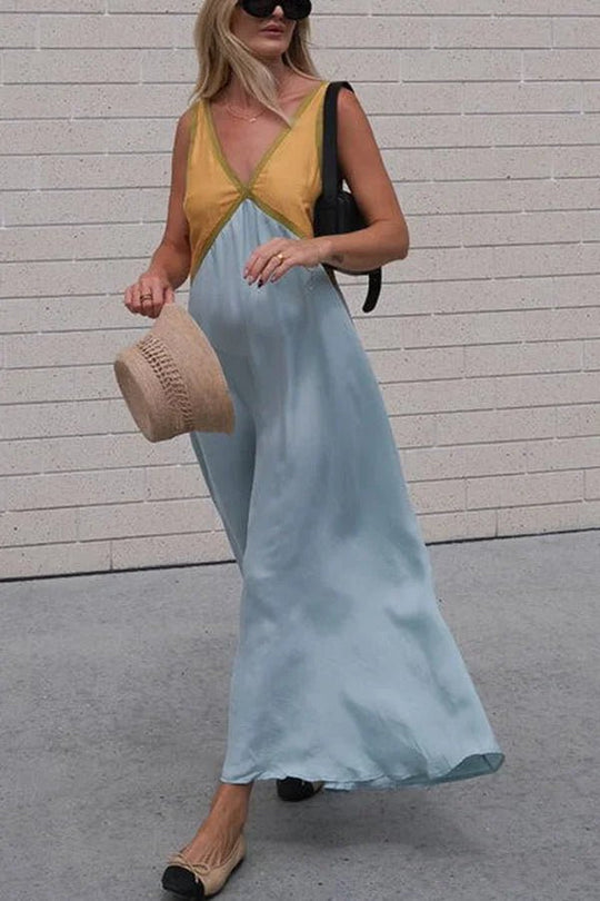 Maxi Zomerjurk van Katoen met V - Hals en Kleurblokken Design - Zova - Fashion - Maxi Jurk