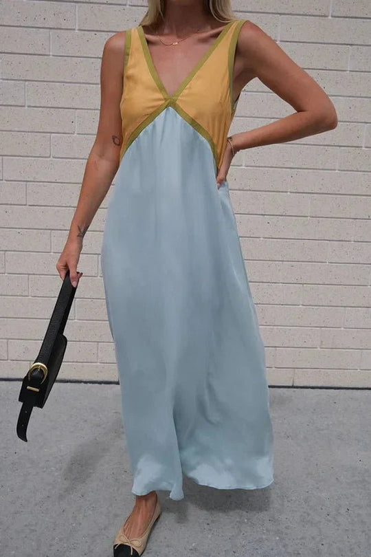 Maxi Zomerjurk van Katoen met V - Hals en Kleurblokken Design - Zova - Fashion - Maxi Jurk