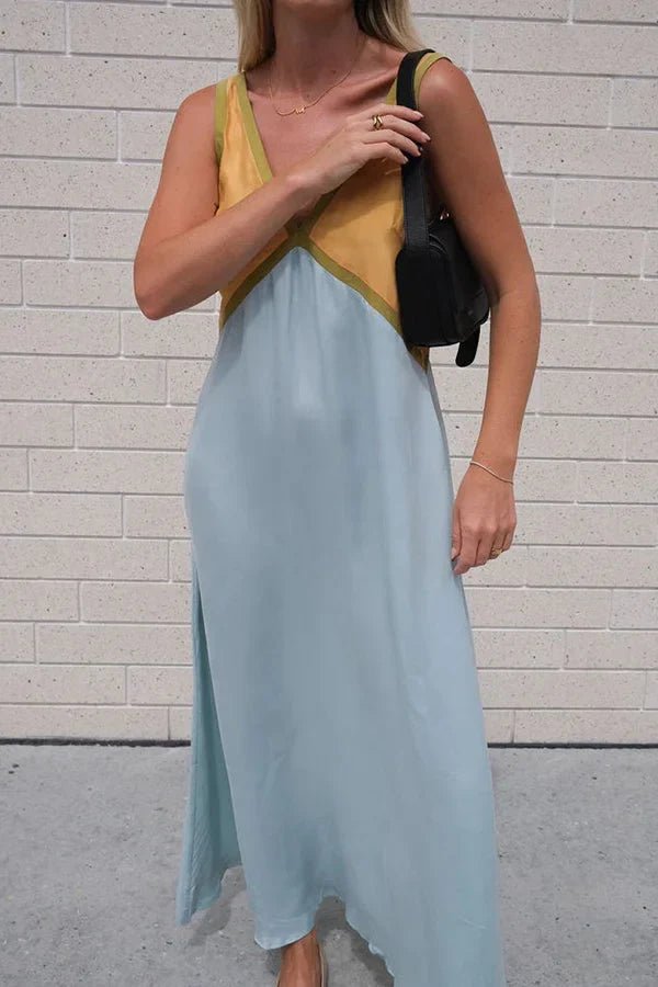 Maxi Zomerjurk van Katoen met V - Hals en Kleurblokken Design - Zova - Fashion - Maxi Jurk