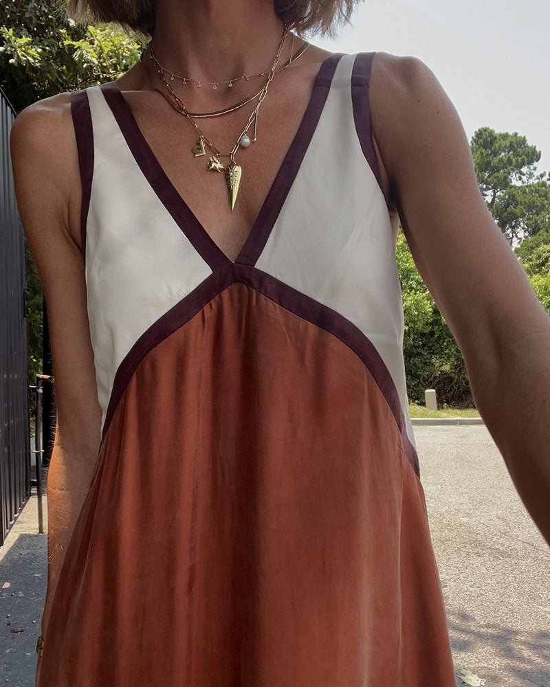 Maxi Zomerjurk van Katoen met V - Hals en Kleurblokken Design - Zova - Fashion - Maxi Jurk