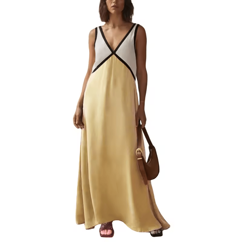 Maxi Zomerjurk van Katoen met V - Hals en Kleurblokken Design - Zova - Fashion - Maxi Jurk