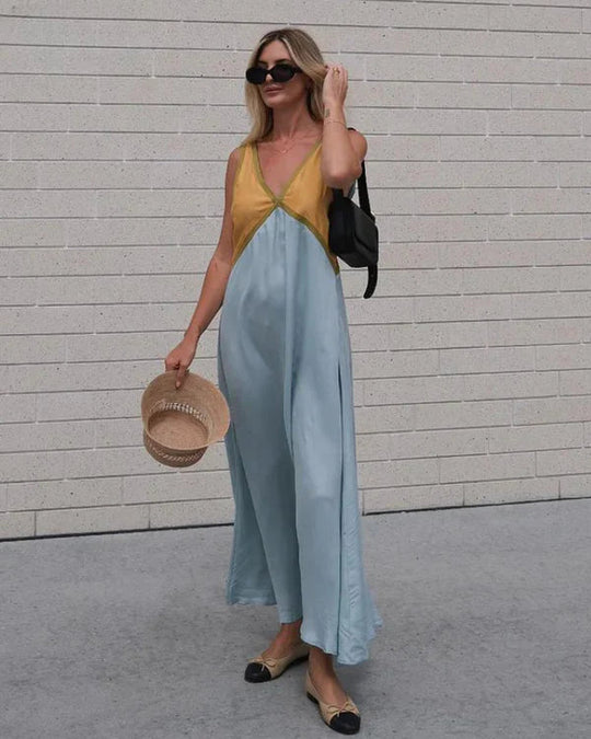 Maxi Zomerjurk van Katoen met V - Hals en Kleurblokken Design - Zova - Fashion - Maxi Jurk