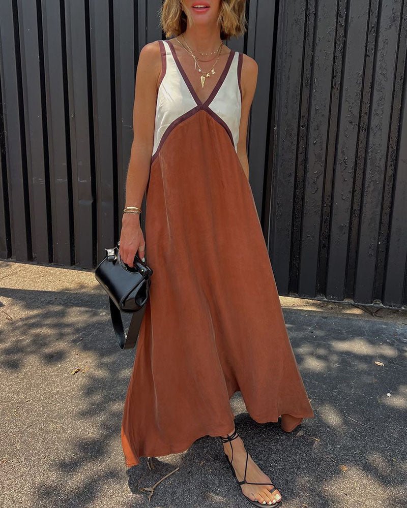 Maxi Zomerjurk van Katoen met V - Hals en Kleurblokken Design - Zova - Fashion - Maxi Jurk
